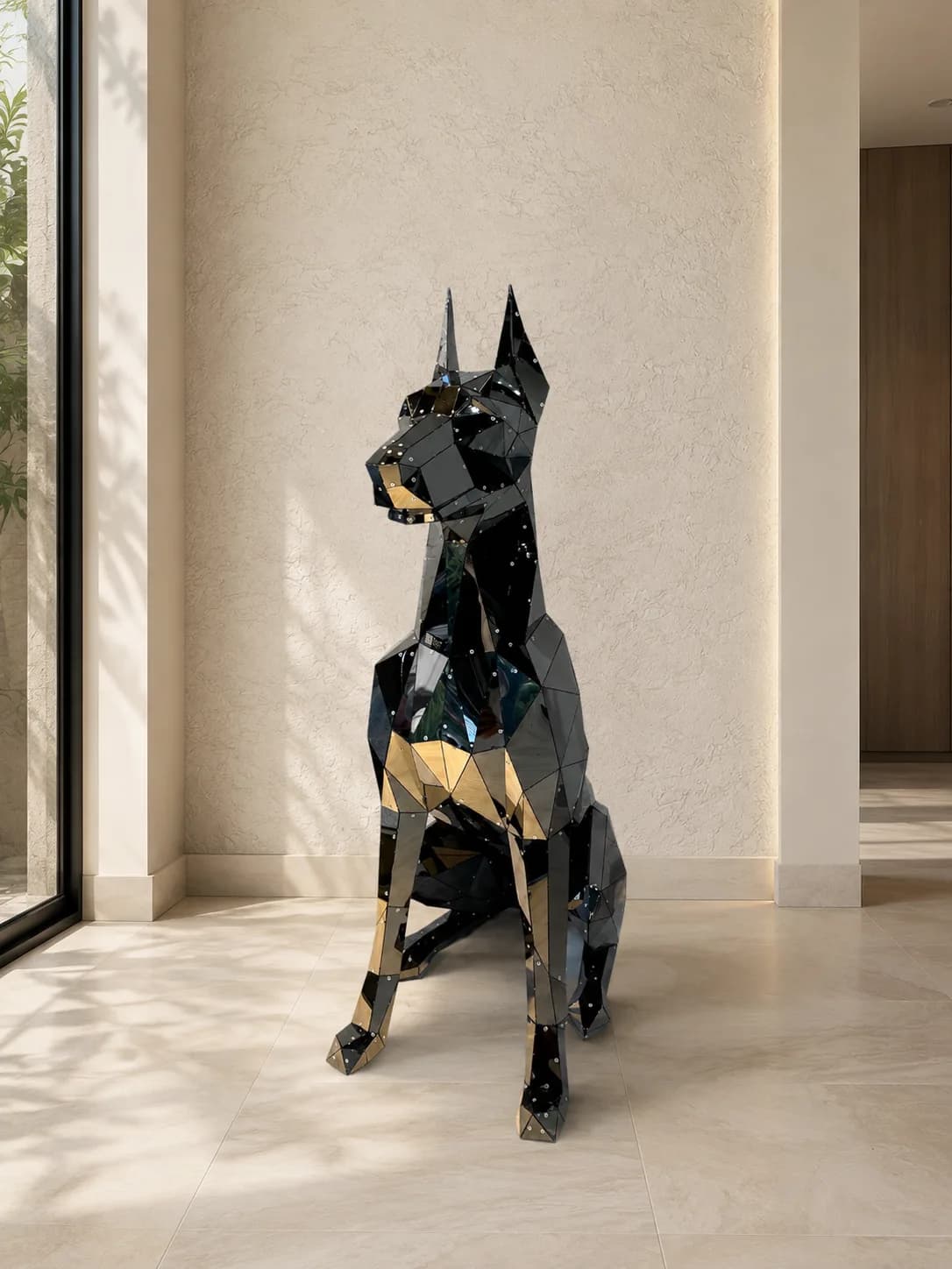 Oturan Doberman Siyah Galvaniz Heykel